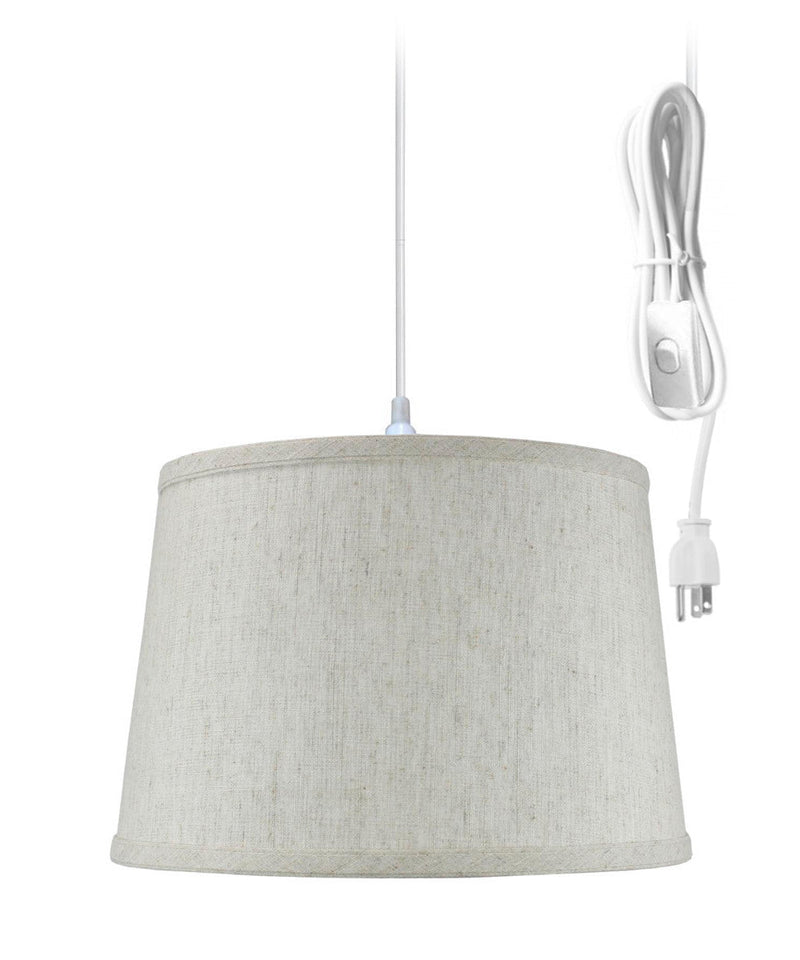 12"W 1 Light Swag Plug-In Pendant  Shallow Drum Textured Oatmeal Shade White Cord