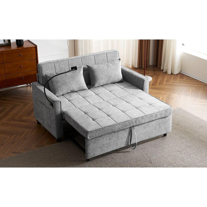 56.9' Loveseat Sofa Pull-out Sofa Bed Sleeper Sofa with a Reversible Backrest Cushion, Side Pockets, Two USB Ports and a Phone Holder for Living Room, Grey