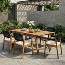 Outdoor 7 Pieces Patio Slat Design Acacia Upholstered Dining Set by HouseOfZazla