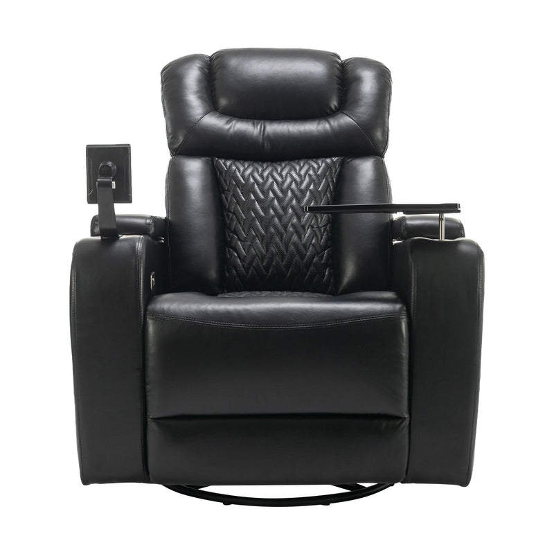 270 Degree Swivel PU Leather Power Recliner Individual Seat Home Theater Recliner with Comforable Backrest, Tray Table, Phone Holder, Cup Holder, USB Port, Hidden Arm Storage for Living Room, Black