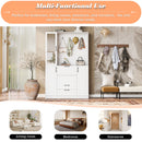 Entryway Bench With Integrated Shoe Cabinet, 3 In 1 Design And Mirrored Cabinet Door, Hall Tree With 4 Sturdy Hooks And Foldable Seat For Entrance, Living Room - White by HouseOfZazla