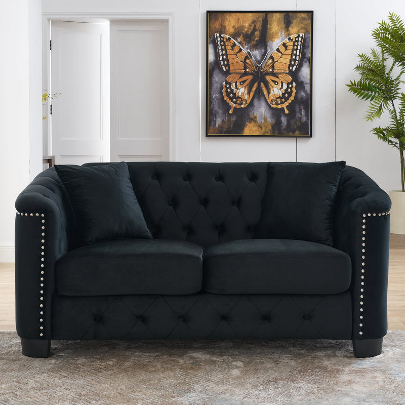 59-Inch Modern Chesterfield Velvet Sofa, 2-Seater Sofa, Upholstered Tufted Backrests with Nailhead Arms and 2 Cushions for Living Room, Bedroom, Apartment, Office (Black)