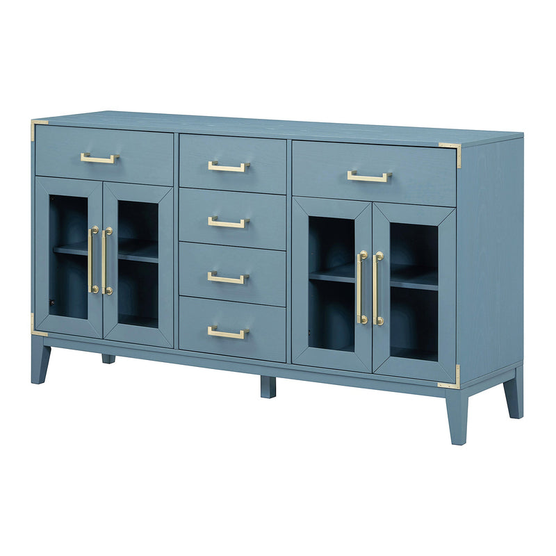 6-drawer and 2-Cabinet Retro Sideboard with Extra Large Storage Space, with Gold Handles and Solid Wood Legs, for Kitchen and Living Room (Antique Blue)