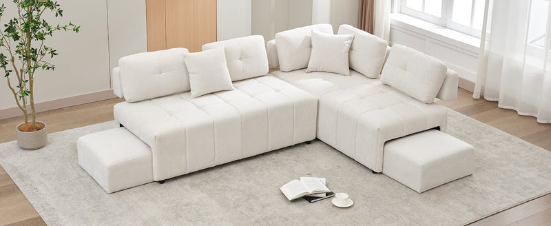 91.73" L-shaped Sofa Sectional Sofa Couch with 2 Stools and 2 Lumbar Pillows for Living Room, Biege