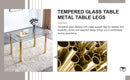 A modern minimalist style glass dining table. Transparent tempered glass tabletop with a thickness of 0.3 feet and golden metal legs. Suitable for restaurants and living rooms. 51"x31.4"x29.5"