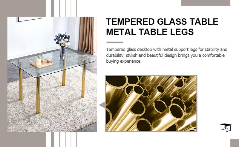 A modern minimalist style glass dining table. Transparent tempered glass tabletop with a thickness of 0.3 feet and golden metal legs. Suitable for restaurants and living rooms. 51"x31.4"x29.5"