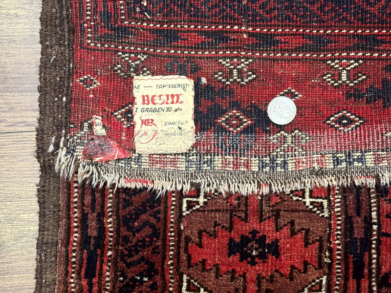 Antique Turkoman Rug 3.7 x 6.7, Red, Wool Runner Rug