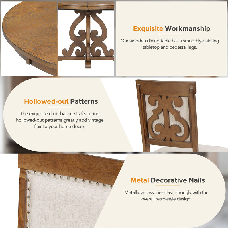 5-Piece Retro Functional Dining Set, 1 Extendable Table with a 16-inch Leaf and 4 Upholstered Chairs for Dining Room and Kitchen (Walnut)