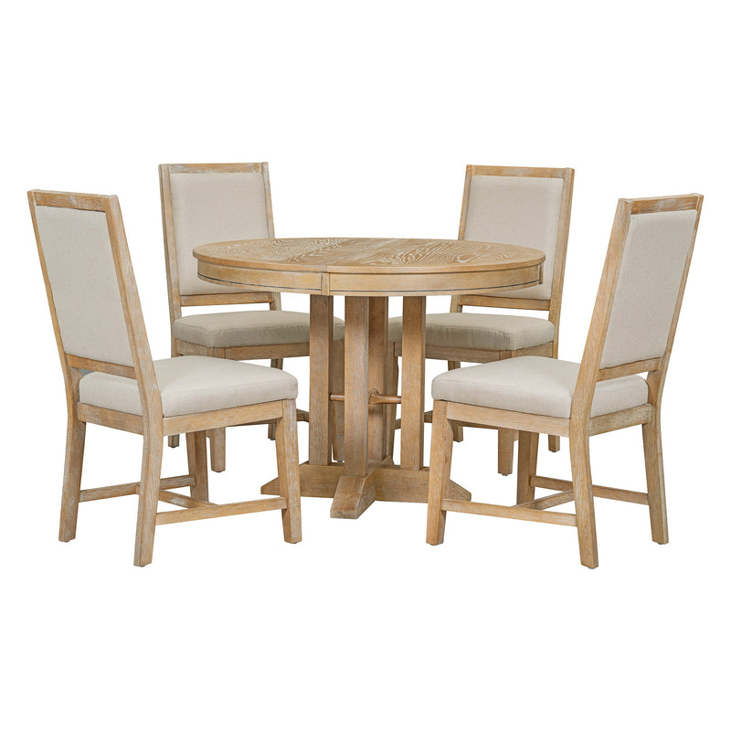 5-Piece Dining Set Extendable Round Table and 4 Upholstered Chairs Farmhouse Dining Set for Kitchen, Dining Room(Natural Wood Wash)