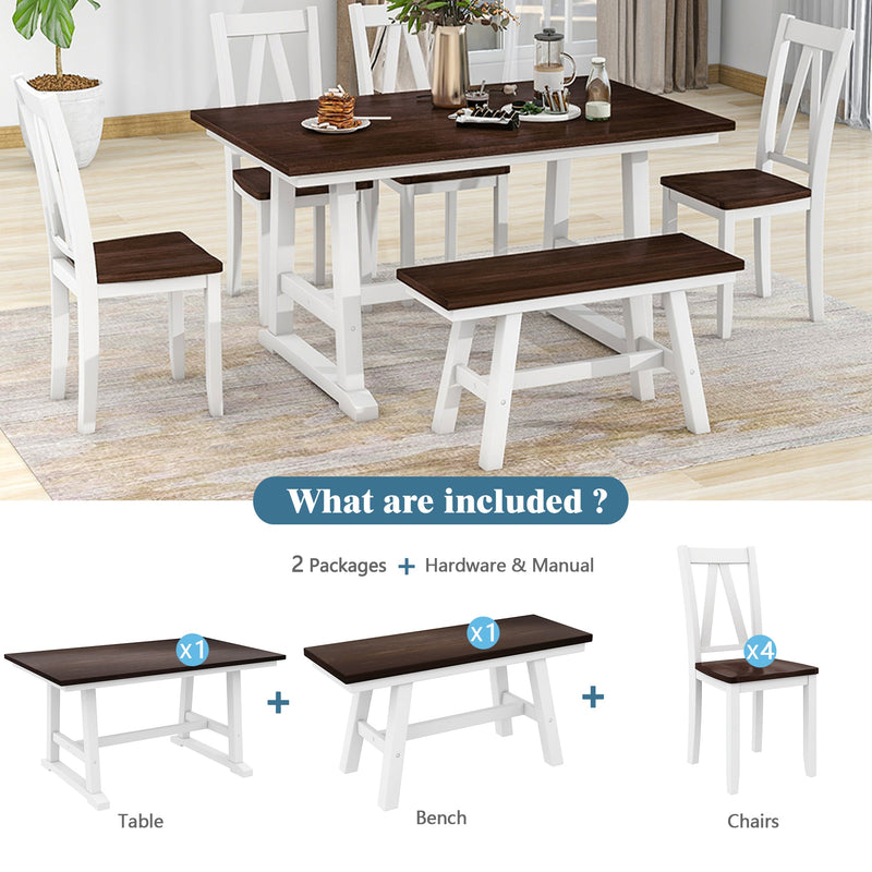 6-Piece Wood Dining Table Set Kitchen Table Set with Long Bench and 4 Dining Chairs, Farmhouse Style, Walnut+White