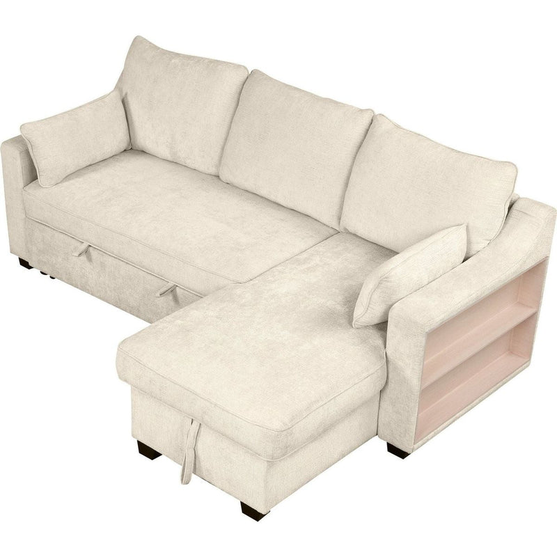 90" Pull Out Sleeper Sofa L-Shaped Couch Convertible Sofa Bed with Storage Chaise, Storage Racks and USB Ports (SG001340AA), Beige