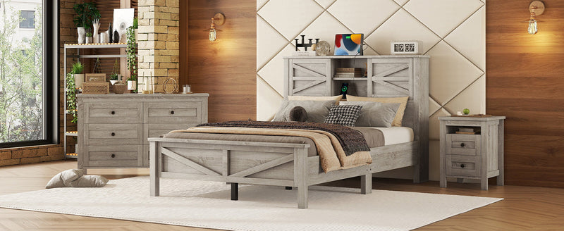 3-Pieces Bedroom Sets Full Size Farmhouse Platform Bed with Double Sliding Door Storage Headboard and Charging Station, Storage Nightstand and Dresser, Antique Gray