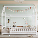 Twin Size Floor Wooden Bed with House Roof Frame