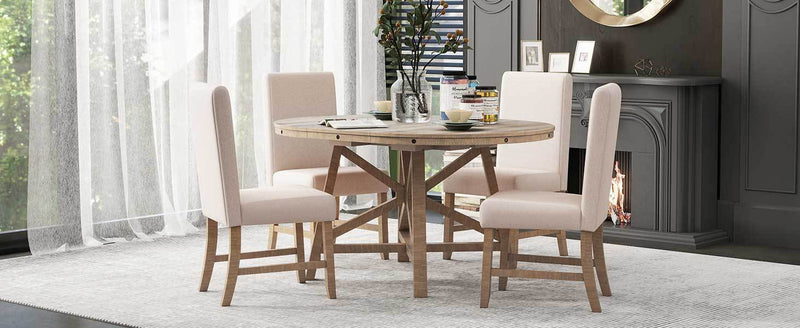 5-Piece Retro Functional Dining Set with Extendable Round Table with Removable Middle Leaf and 4 Upholstered Chairs for Dining Room and Living Room (Natural Wood Wash)