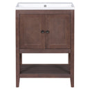 24" Brown Modern Sleek Bathroom Vanity Elegant Ceramic Sink with Solid Wood Frame Open Style Shelf