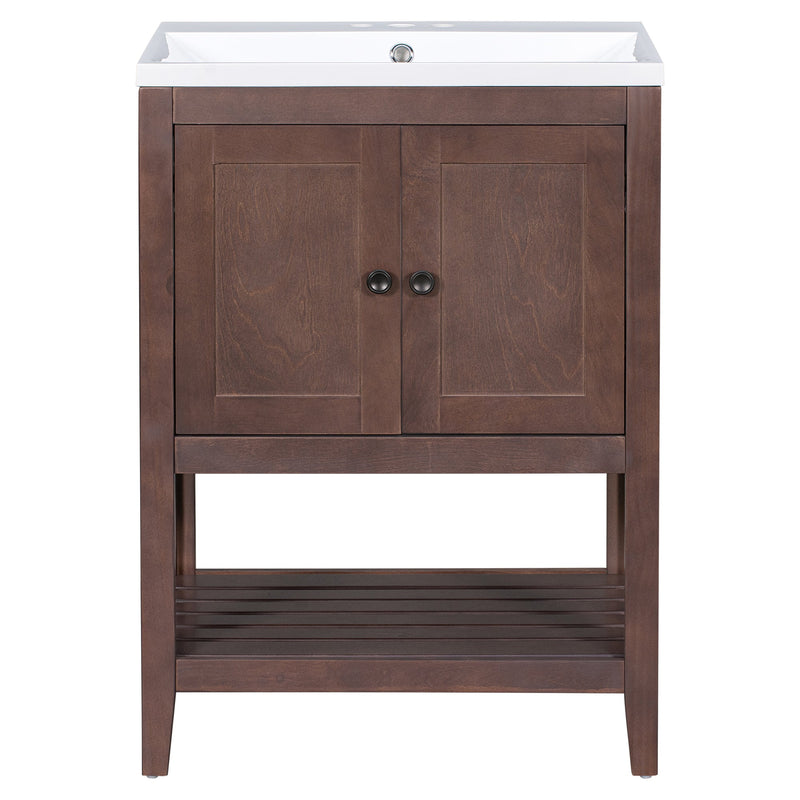 24" Brown Modern Sleek Bathroom Vanity Elegant Ceramic Sink with Solid Wood Frame Open Style Shelf