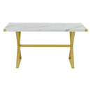 7-Piece Modern Dining Table Set, Rectangular Marble Texture Kitchen Table and 6 PU leather Chairs with X-Shaped Gold Steel Pipe Legs for Dining Room (White)