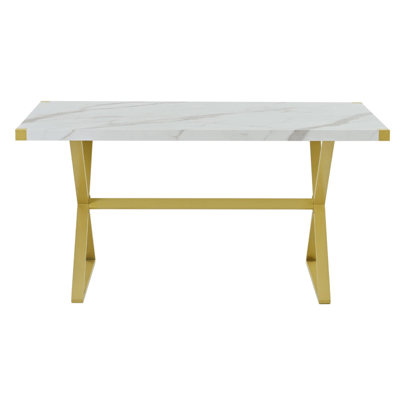 7-Piece Modern Dining Table Set, Rectangular Marble Texture Kitchen Table and 6 PU leather Chairs with X-Shaped Gold Steel Pipe Legs for Dining Room (White)
