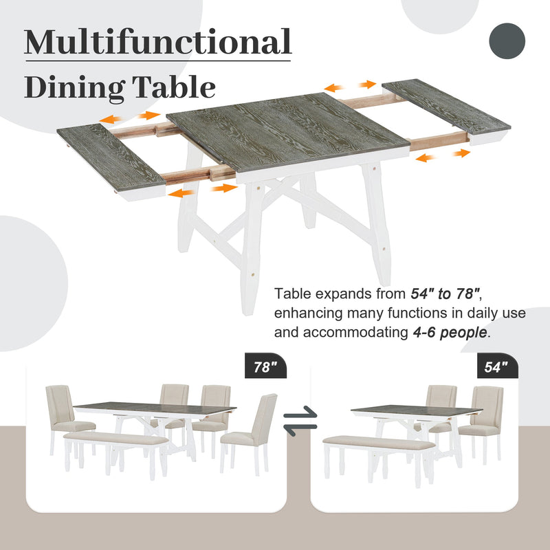 6-Piece Classic Dining Table Set, Rectangular Extendable Dining Table with two 12"W Removable Leaves and 4 Upholstered Chairs & 1 Bench for Dining Room (Brown+White)