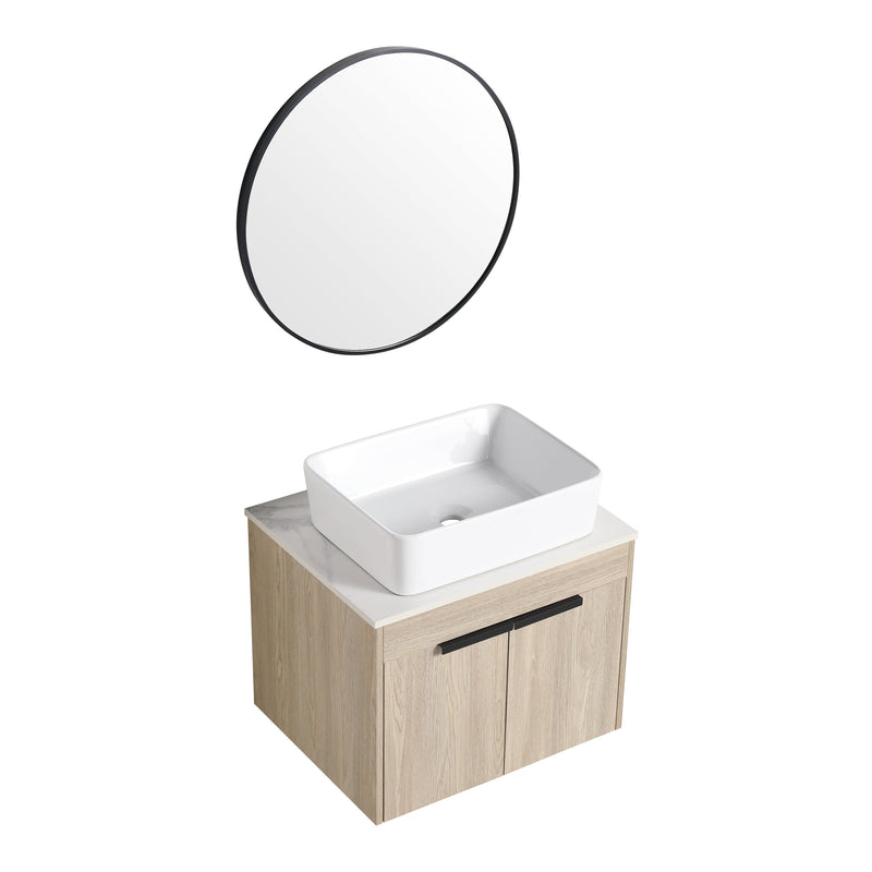 24" Modern Design Float Bathroom Vanity With Ceramic Basin Set, Wall Mounted White Oak Vanity With Soft Close Door, KD-PackingD-Packing Pieces