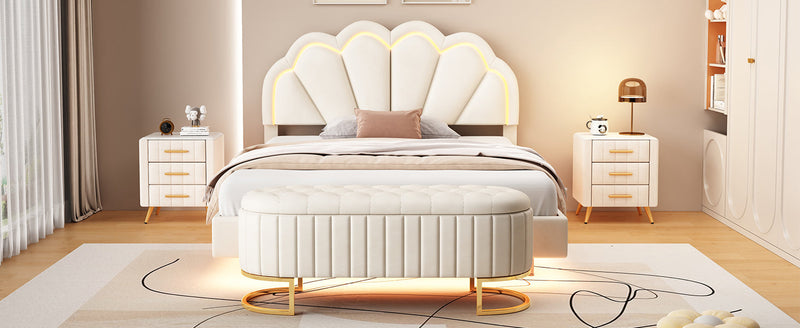 2-Pieces Bedroom Sets Full Size Upholstered LED Platform Bed with Storage Ottoman-Velvet, Beige