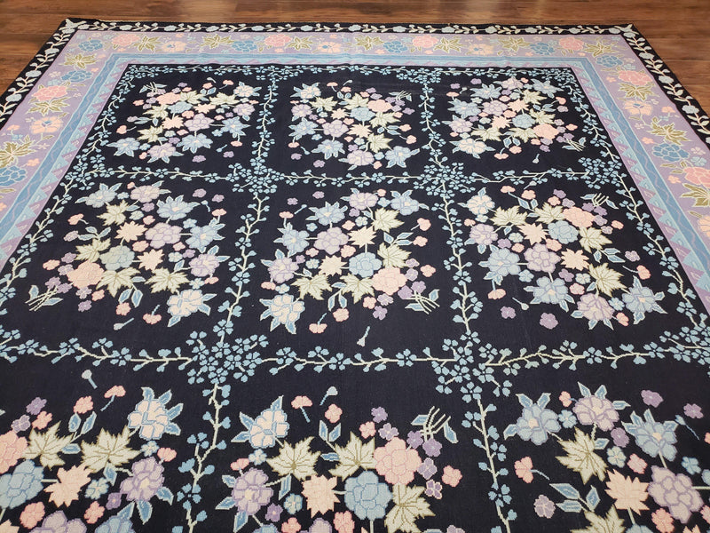 Chinese Needlepoint Rug 8 x 11.4, Hand-Woven Area Carpet, Flatweave Rug, Black Blue Light Violet Floral Garden European Design Wool Aubusson
