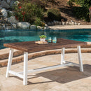Outdoor Dark Brown Sandblast Finish Acacia Wood Dining Table with White Rustic Metal Frame, Weather Resistant