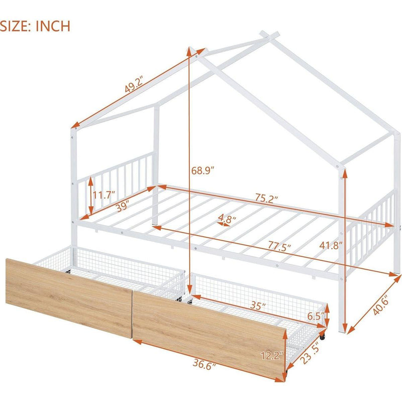 Twin Size Metal House Bed with Two Drawers, White