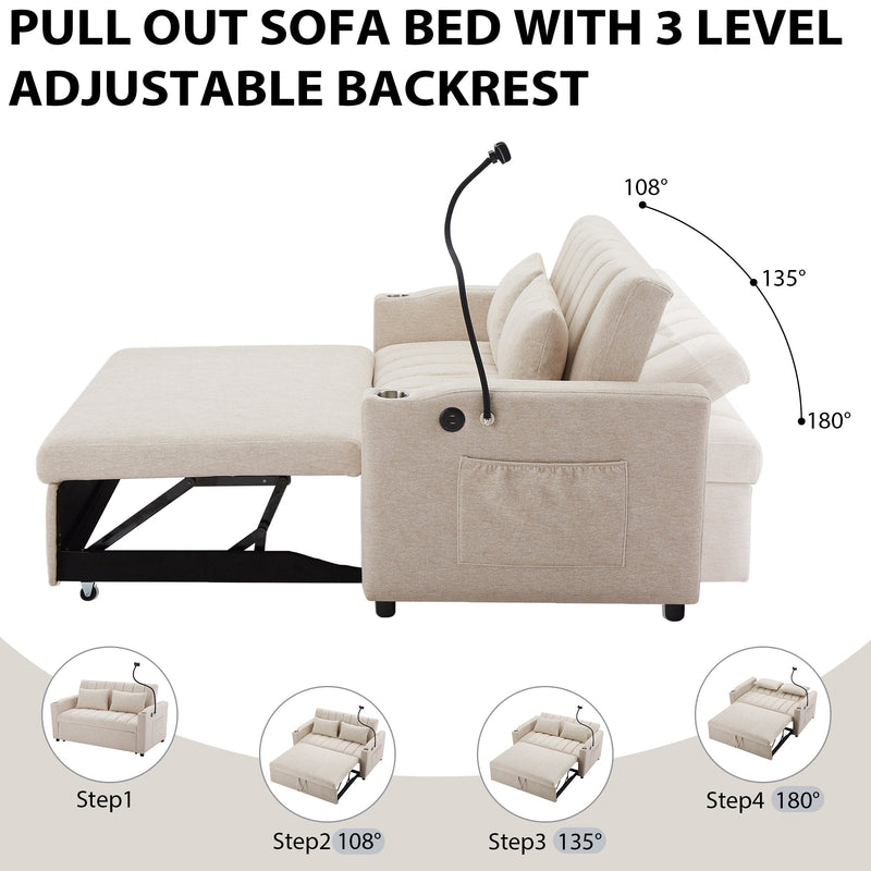 55.9" Convertible Sofa Bed Loveseat Sofa with Three USB Ports, Two Side Pockets, Two Cup Holders and 360Swivel Phone Holder for Living Room, Beige