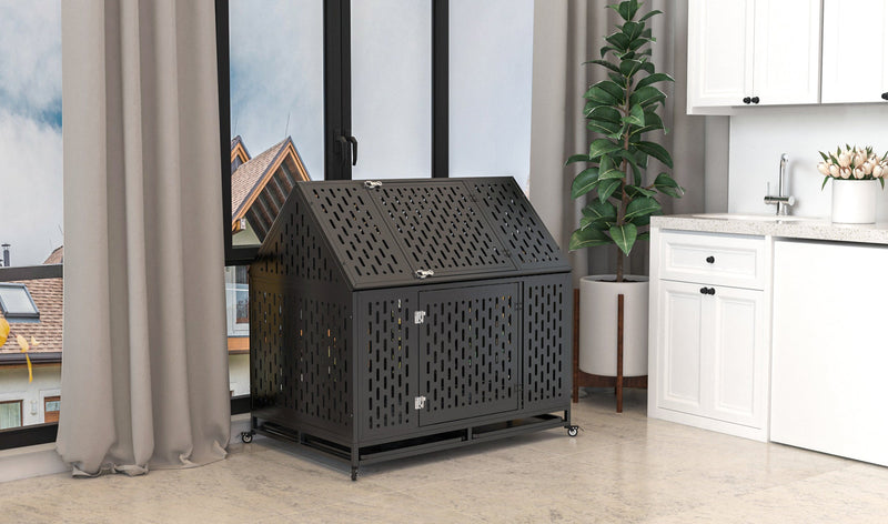 45' Heavy Duty Dog Crate Indestructible Pet Dog Cage Crate Kennel with Roof Top 2 Doors Removable Trays, Lockable Wheels, Escape-Proof for High Anxiety Large/Extra Dogs