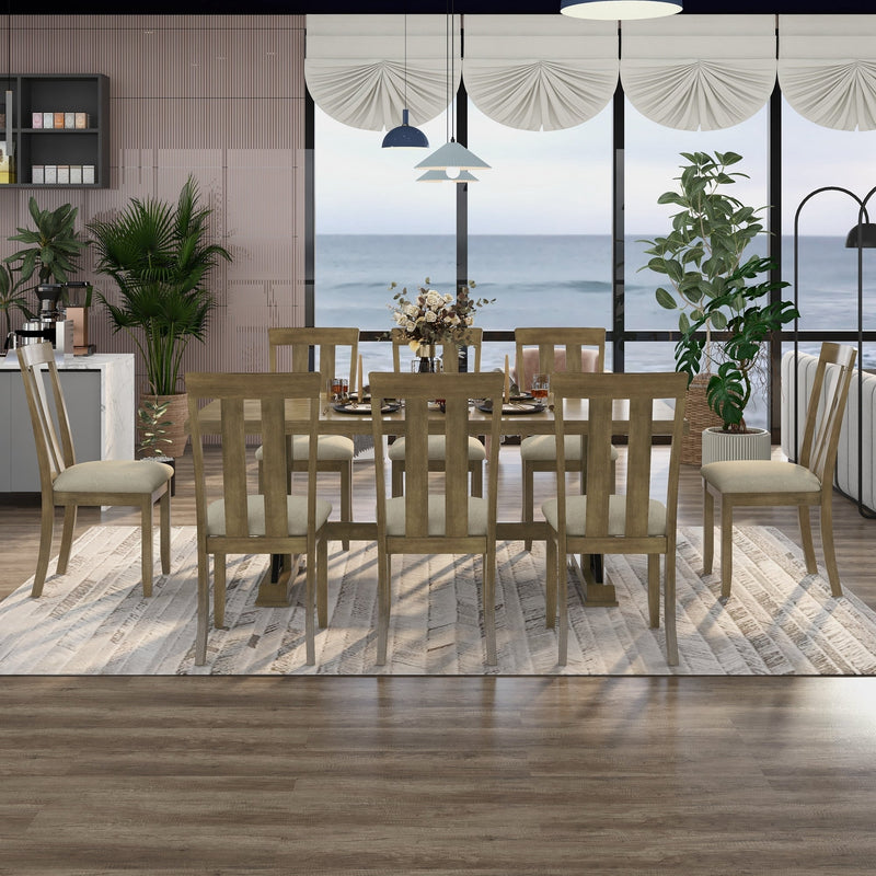 9-Piece Retro Style Dining Table Set 78" Wood Rectangular Table and 8 Dining Chairs for Dining Room (Natural Walnut)