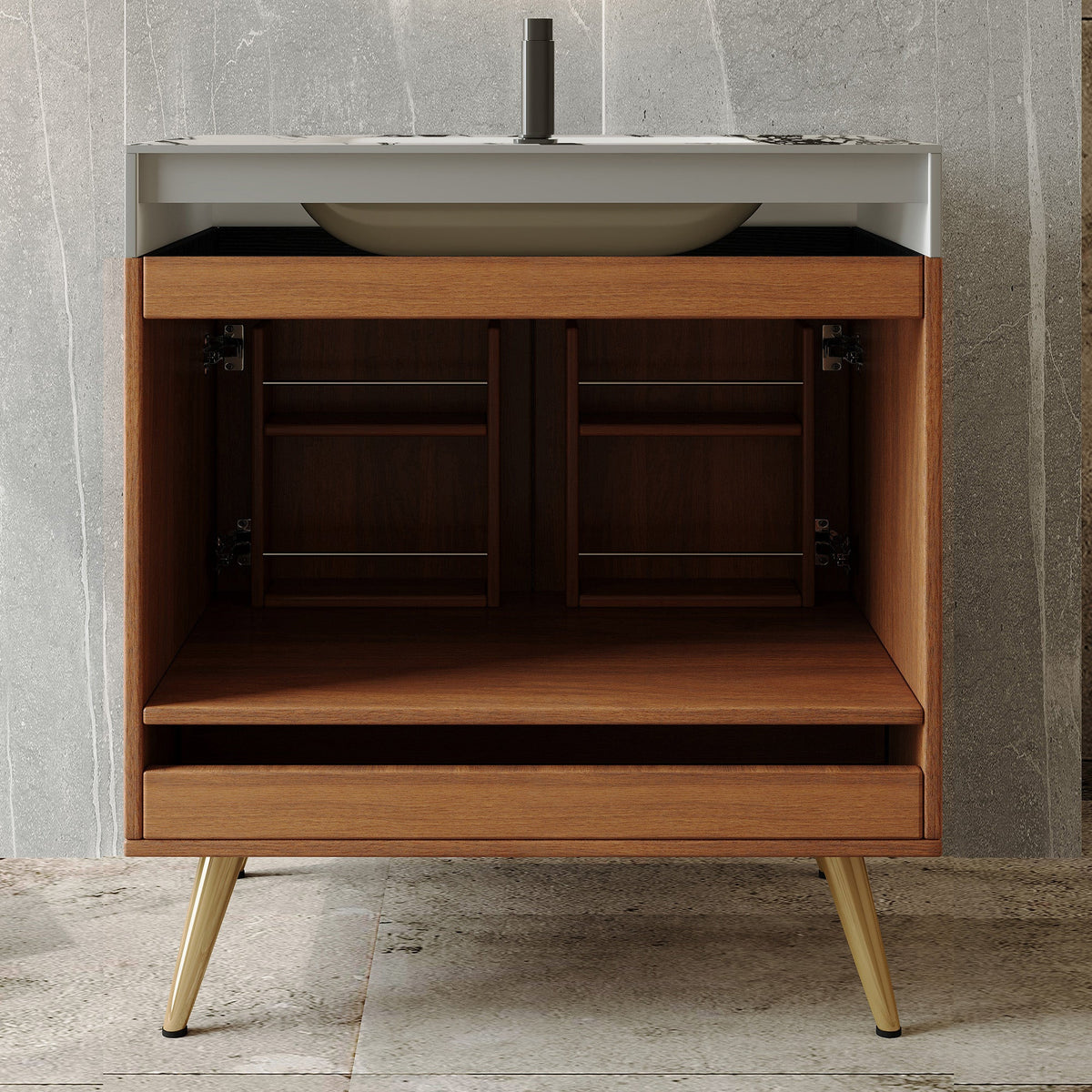 Mid-Century Free-Standing Bathroom Vanity with Faux Marble Top, photo 8 of 10