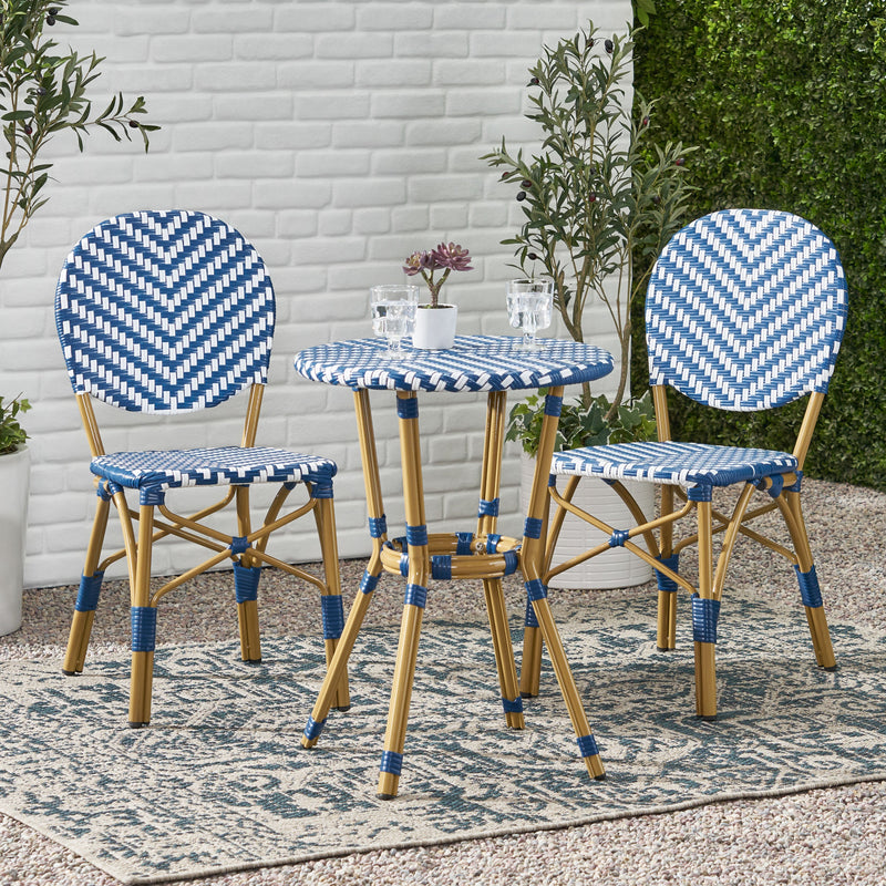 Walker Edison - Outdoor Aluminum 3 Piece French Bistro Set, Navy Blue, White, with Bamboo Finish