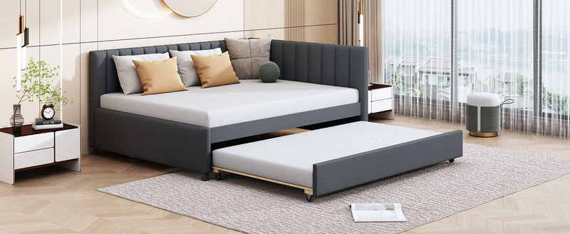 Full Size Upholstered Daybed with Trundle Sofa Bed Frame No Box Spring Needed, Linen Fabric(Gray)