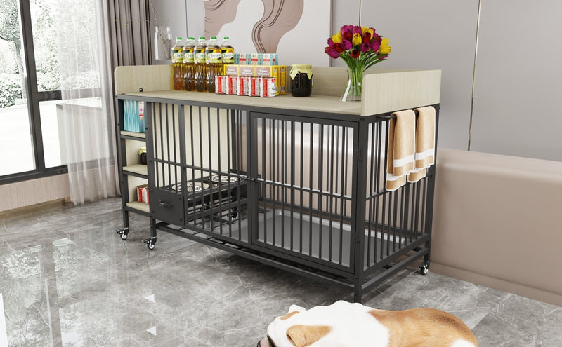 Large pet cage with storage rack, drawers with stainless steel food and water basin, made of iron frame and MDF material, sturdy, exquisite, and practical (black+beige)