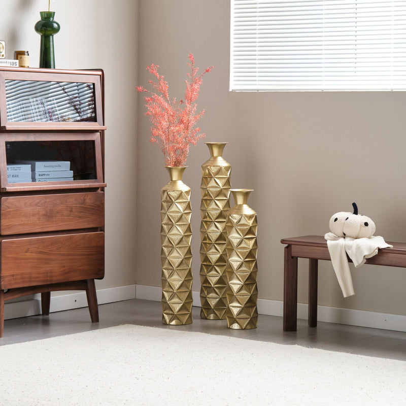 Metal Decorative Vase High Distress Metal Center Vase With 3D Triangle Pattern, (Set of 3) Vases For Home Decoration - Gold, photo 17 of 18