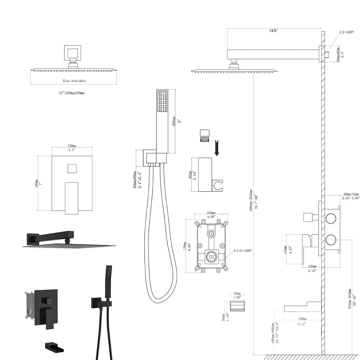 Wall Mounted Square Shower System With Waterfall Tub Spout And 12" Shower Head - Oil-Rubbed Bronze, photo 4 of 4