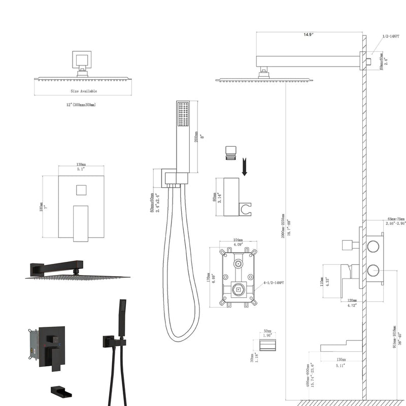 Wall Mounted Square Shower System With Waterfall Tub Spout And 12" Shower Head - Oil-Rubbed Bronze, photo 4 of 4