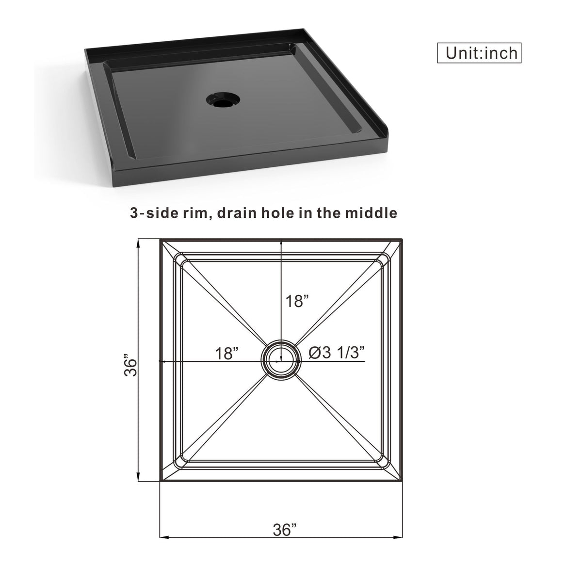 Shower Base, Anti Slip Center Drain Single Threshold - Black, photo 5 of 6