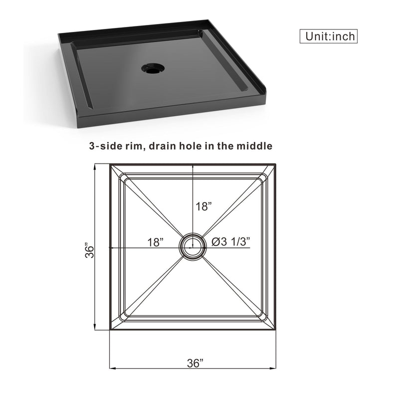 Shower Base, Anti Slip Center Drain Single Threshold - Black, photo 5 of 6