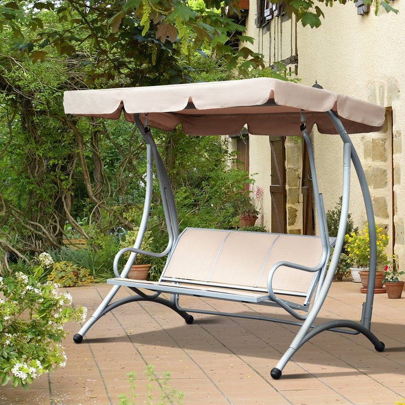 3-Seat Outdoor Porch Swing Chair, Patio Swing Glider with Adjustable Canopy, Breathable Seat, and Steel Frame for Garden, Poolside, Backyard, Beige