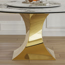 Luxury Round 59" Sintered Stone Dining Table With Stainless Steel Hourglass Base, Scratch & Heat Resistant Surface - Golden / White by Unique Piece Furniture