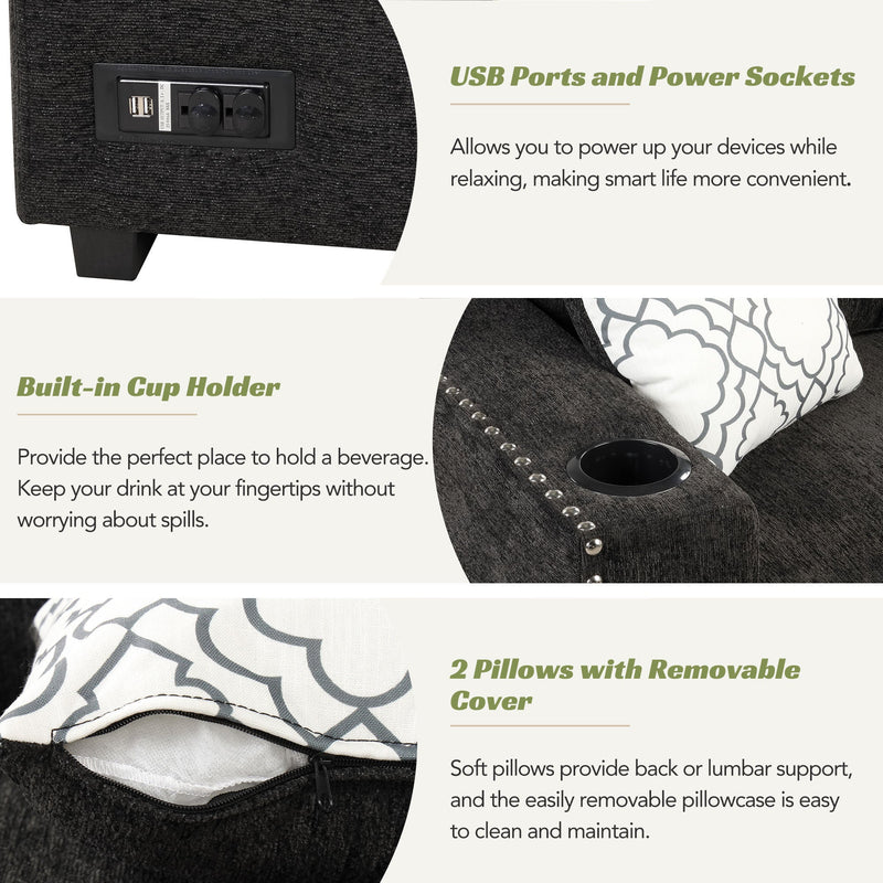 83.8" Reversible Sectional Pull-Out Sofa Bed L-Shaped Corner Sofa Couch with Storage Chaise, USB Ports, Power Sockets, Cup Holder for Living Room, Bedroom, Study, Black