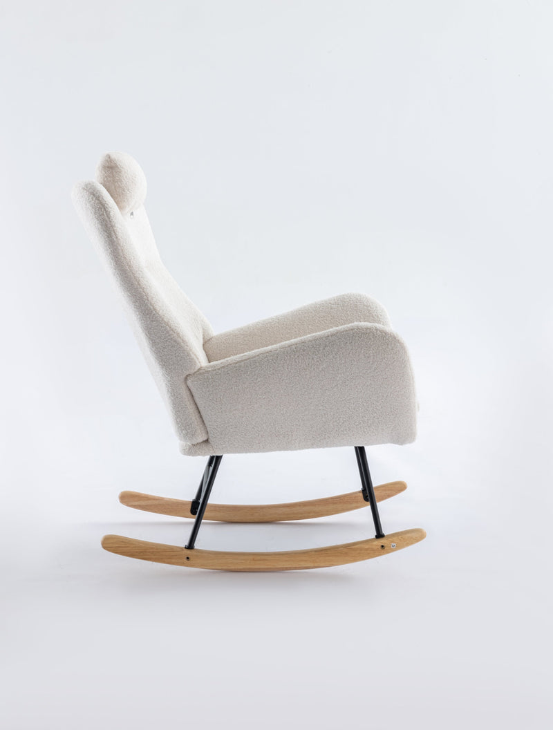35.5 inch Rocking Chair with Pocket, Soft Teddy Fabric Rocking Chair for Nursery, Comfy Wingback Glider Rocker with Safe Solid Wood Base for Living Room Bedroom Balcony (white)