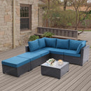 7 Pieces Outdoor Patio Furniture Set,Sectional Conversation Sofa Of Corner Chairs,Ottomans And Glass Top Table,All Weather PE Rattan and Steel Frame With Removable Cushions(Coffee+Peacock blue)