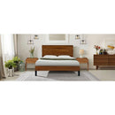 Mid-Century Modern Solid Wood Bed Frame Queen Size Platform Bed with Six-Piece Headboard Design, No Box Spring Needed, Brown
