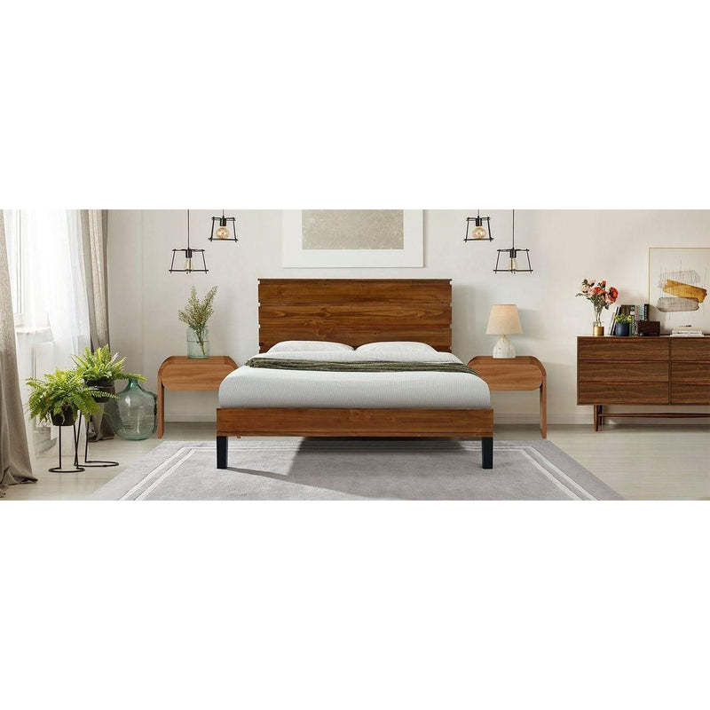 Mid-Century Modern Solid Wood Bed Frame Queen Size Platform Bed with Six-Piece Headboard Design, No Box Spring Needed, Brown
