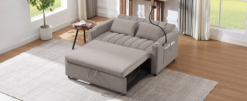 55.9" Convertible Sofa Bed Loveseat Sofa with Three USB Ports, Two Side Pockets, Two Cup Holders and 360Swivel Phone Holder for Living Room, Light Grey