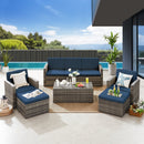 6 Pieces Wicker Patio Furniture Sets Outdoor Conversation Set PE Rattan Sectional Sofa Couch with Storage Table and Navy Blue Anti-Slip Cushions and Waterproof Covers