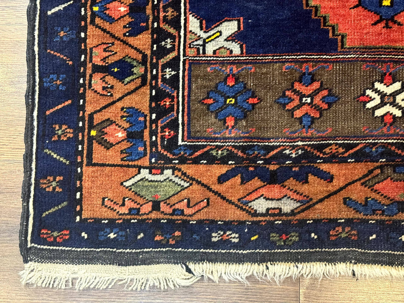 Persian Rug 3x6, Geometric Medallion, Village Tribal Rug, Terracotta and Navy Blue, Antique Nahavand Hamadan Rug